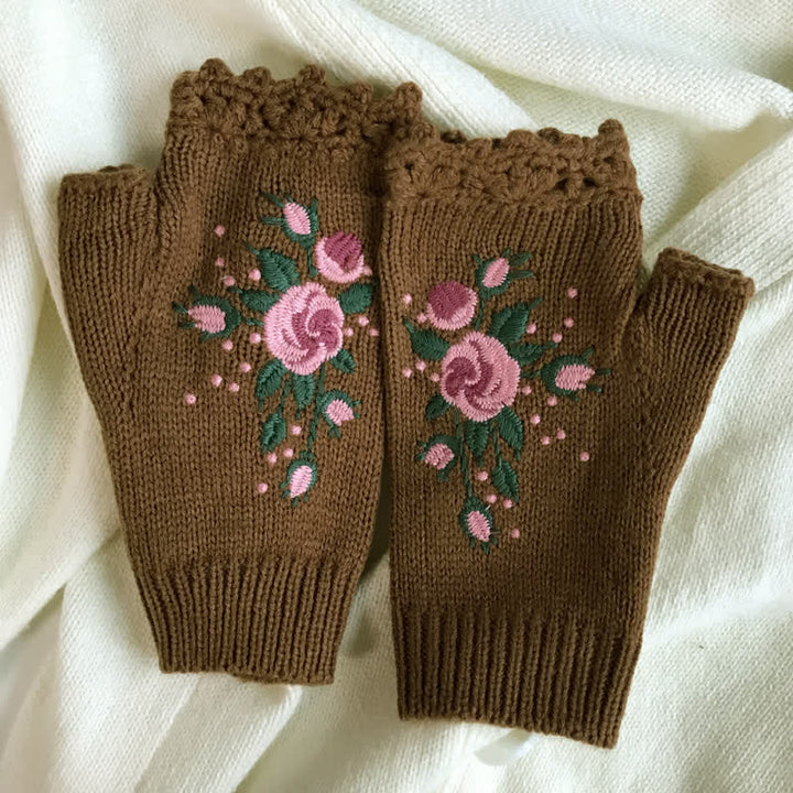 Guantes de punto de medio dedo con bordado de flores para mujer