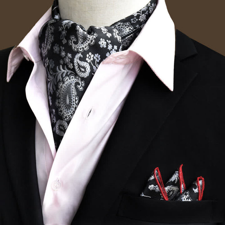Conjunto de 2 pañuelos de bolsillo y corbata con estampado floral de cachemira en blanco y negro de lujo