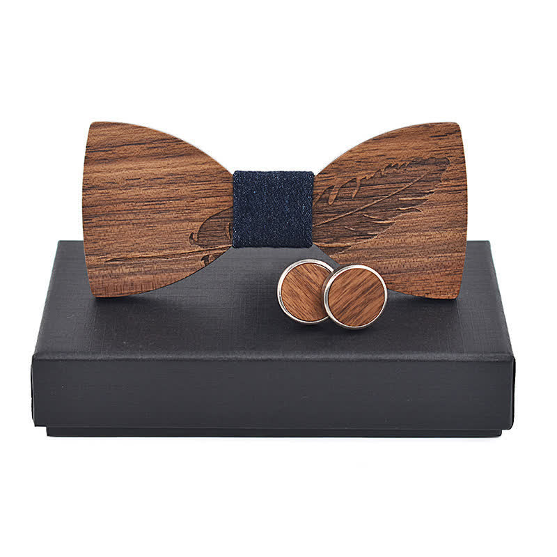 Juego de 2 pajaritas de madera con grabado de plumas para hombre
