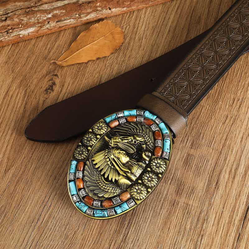 Cinturón de cuero turquesa con diseño bohemio indio para hombre
