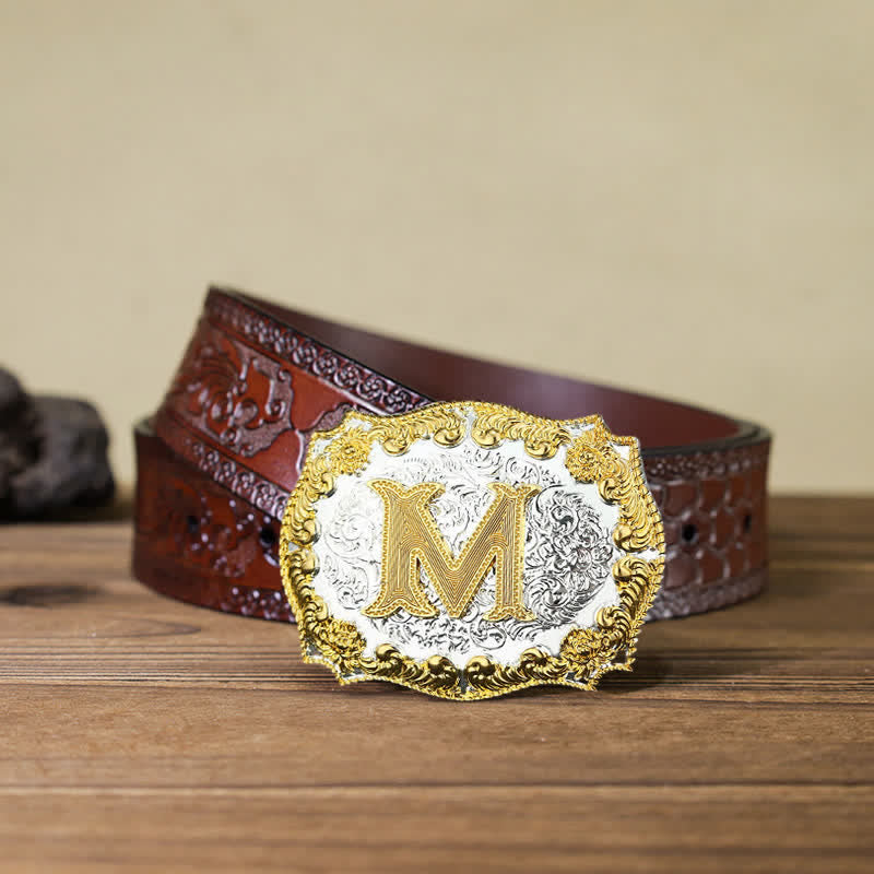 Cinturón de cuero con hebilla con letras iniciales doradas para hombre hecho a mano