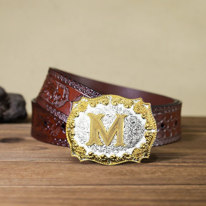 Cinturón de cuero con hebilla con letras iniciales doradas para hombre hecho a mano