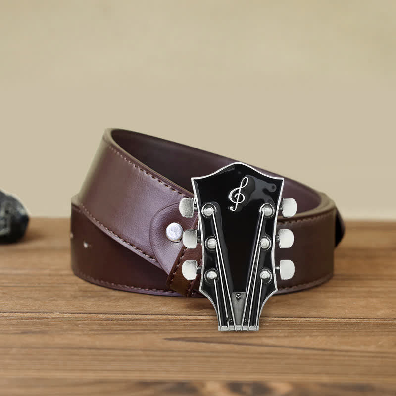 Cinturón de cuero con hebilla de clavijero de guitarra musical para hombre hecho a mano