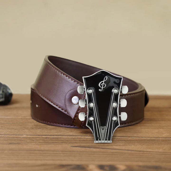Cinturón de cuero con hebilla de clavijero de guitarra musical para hombre hecho a mano