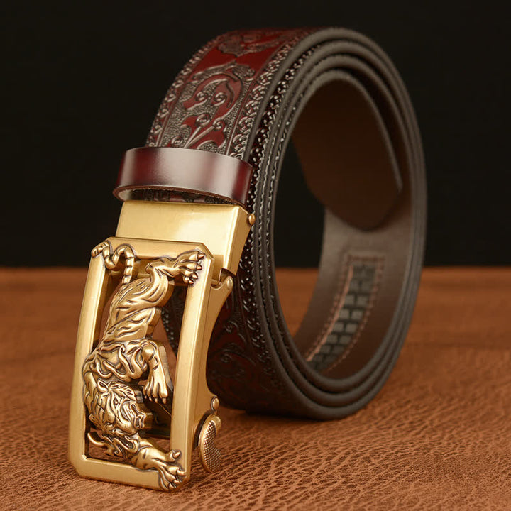 Cinturón de cuero con estampado floral y hebilla de tigre para hombre