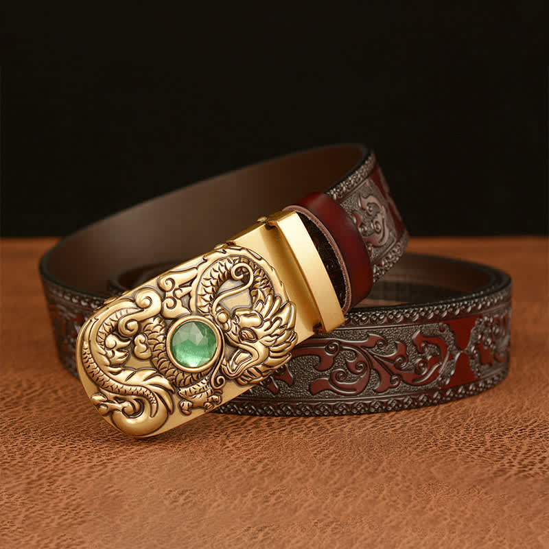 Cinturón de cuero con piedras preciosas y dragón grabado para hombre