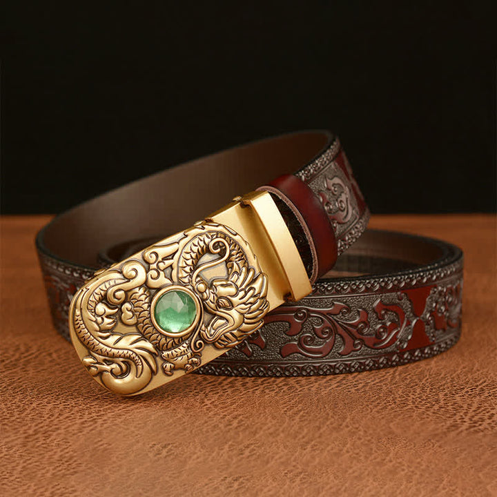 Cinturón de cuero con piedras preciosas y dragón grabado para hombre