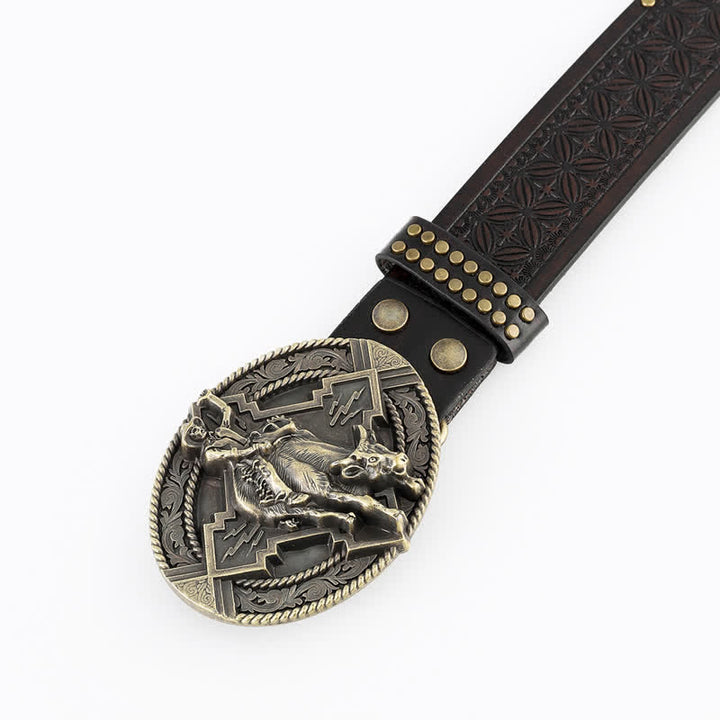 Cinturón de cuero estilo retro informal con diseño de toro para montar para hombre