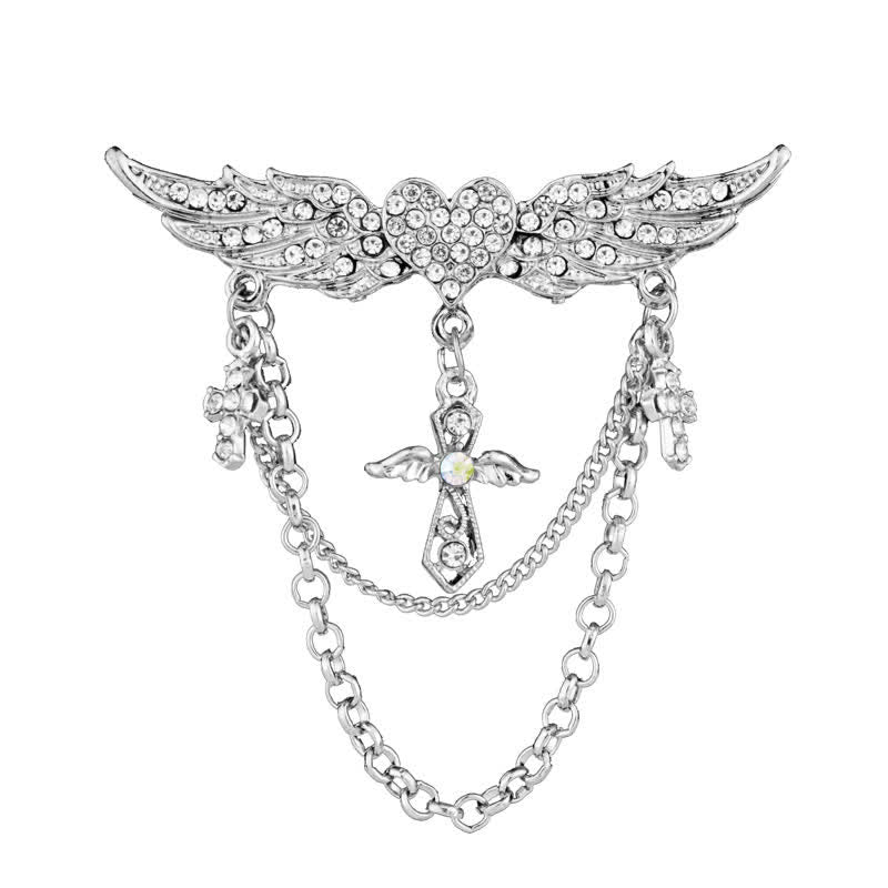 Broche con borlas y cruz de corazón y alas de ángel para hombre