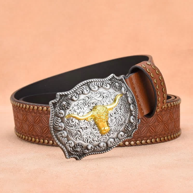 Cinturón de cuero de toro longhorn dorado con remaches punk para hombre