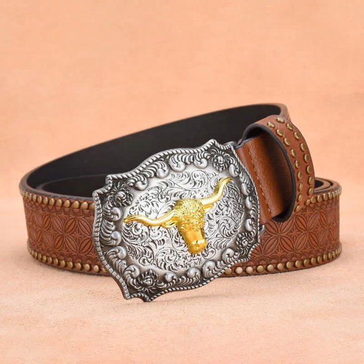 Cinturón de cuero de toro longhorn dorado con remaches punk para hombre