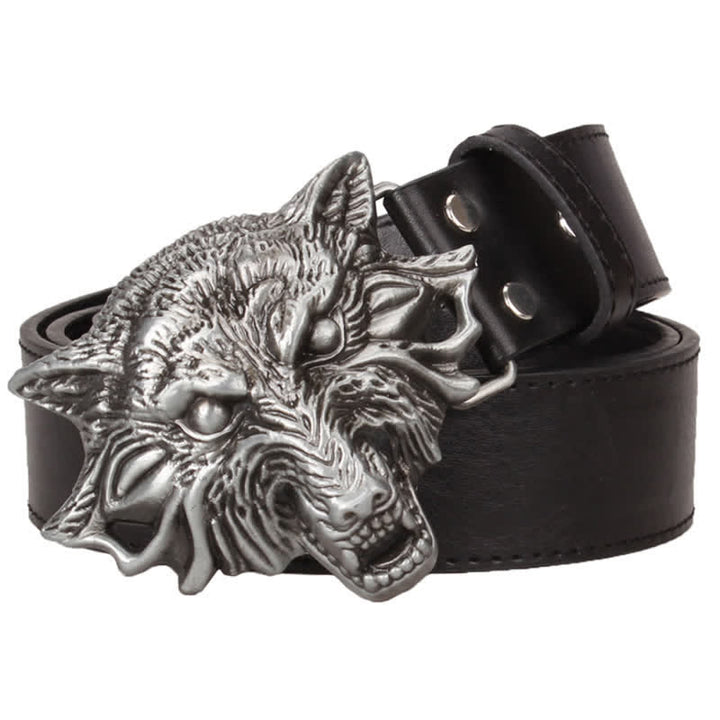 Cinturón de cuero con grabado de animales y cabeza de lobo feroz para hombre