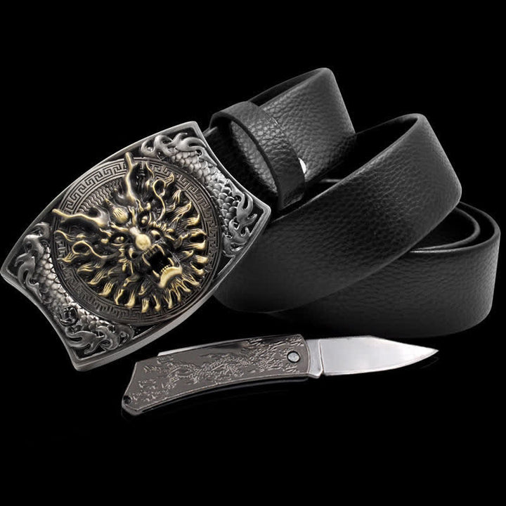 Cinturón de cuero con diseño de dragón valiente para hombre con navaja plegable