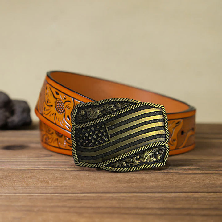 Cinturón de cuero con hebilla antigua de la bandera estadounidense para hombre, hecho a mano