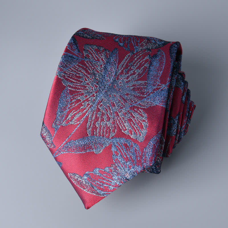 Corbata floral botánica para hombre en rojo y azul aciano