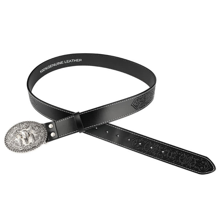 Cinturón de cuero para jeans con pluma grabada de toro para hombre