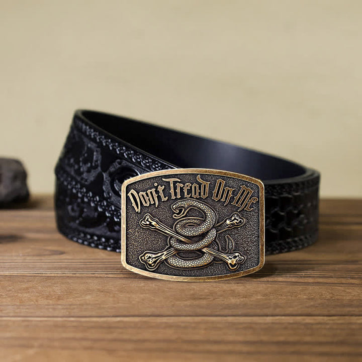 Cinturón de cuero con hebilla de serpiente de cascabel y calavera para hombre, hecho a mano