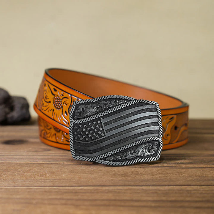 Cinturón de cuero con hebilla antigua de la bandera estadounidense para hombre, hecho a mano