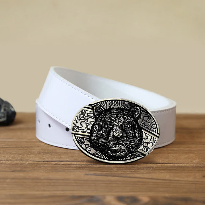 Cinturón de cuero con cuchillo plegable oculto con cabeza de leopardo para hombre