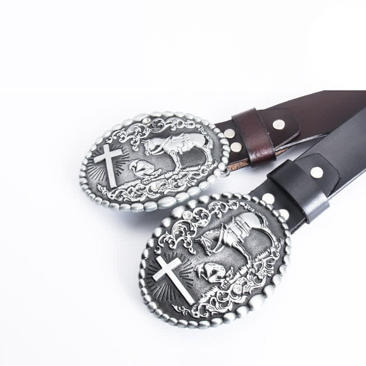 Cinturón de cuero con cruz de corcel para oración arrodillada para hombre