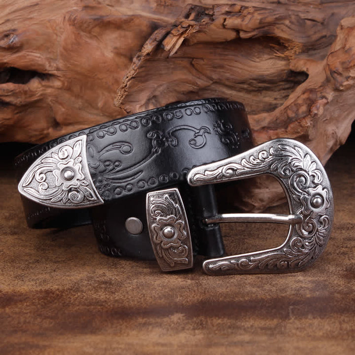 Cinturón unisex de piel con estampado de flores y textura rústica
