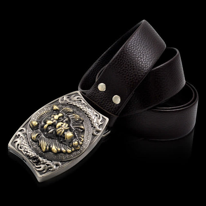 Cinturón de cuero con insignia de león para hombre con navaja plegable