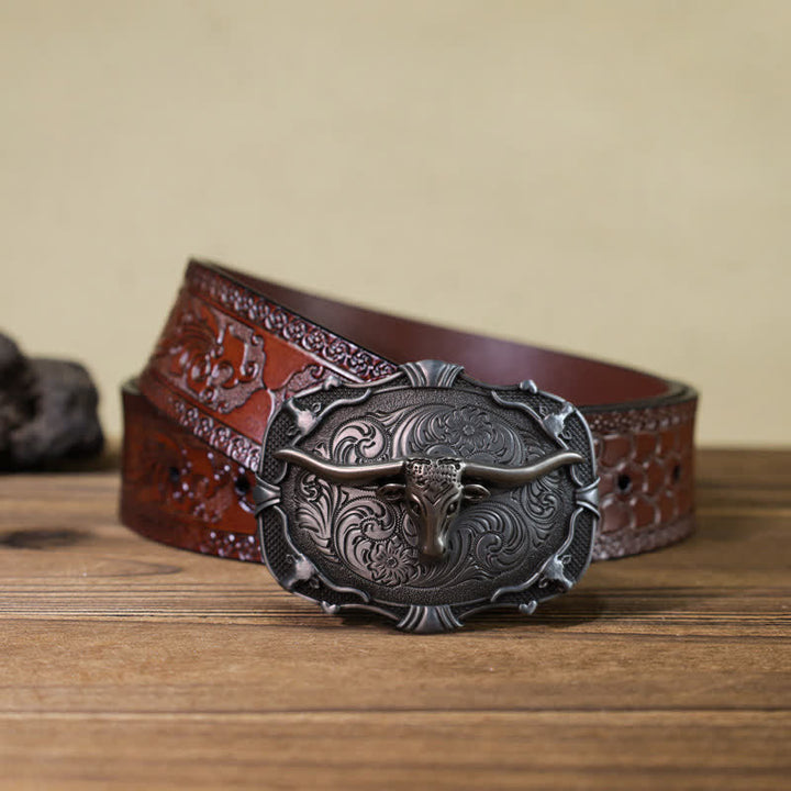 Cinturón de cuero con hebilla cuadrada de toro Longhorn plateado para hombre hecho a mano