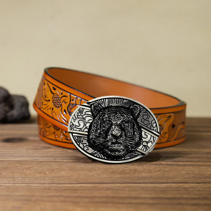 Cinturón de cuero con cuchillo plegable oculto con cabeza de leopardo para hombre
