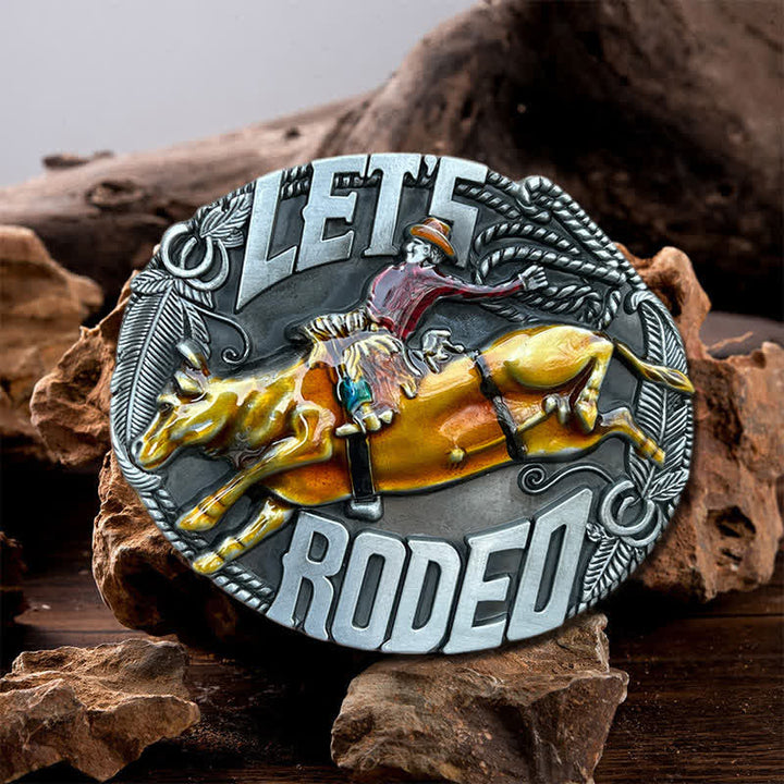 Cinturón de cuero con hebilla de toro esmaltado Let's Rodeo para hombre hecho a mano