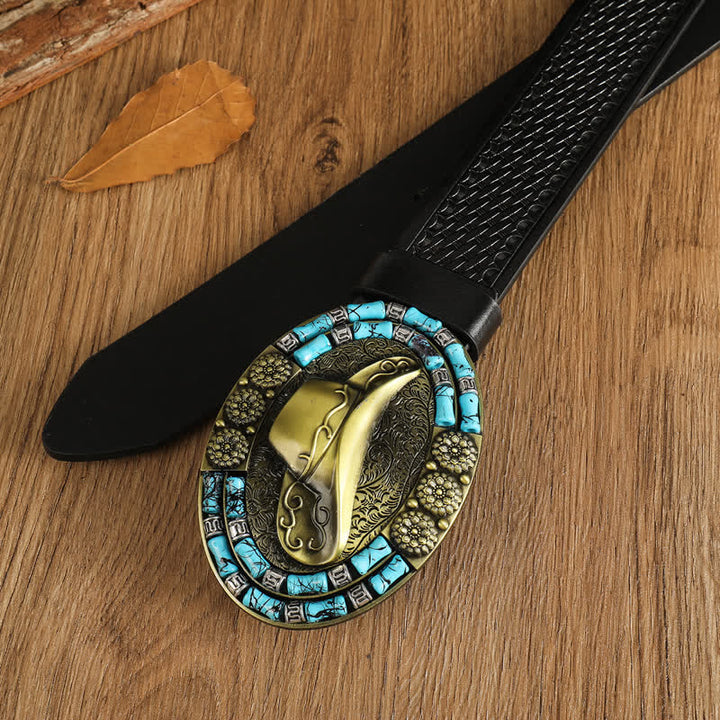 Cinturón de cuero con decoración turquesa y sombrero de vaquero dorado para hombre