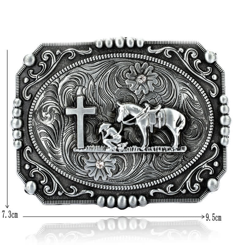 Cinturón de cuero con hebilla de oración de rodillas con cruz de caballo para hombre hecho a mano