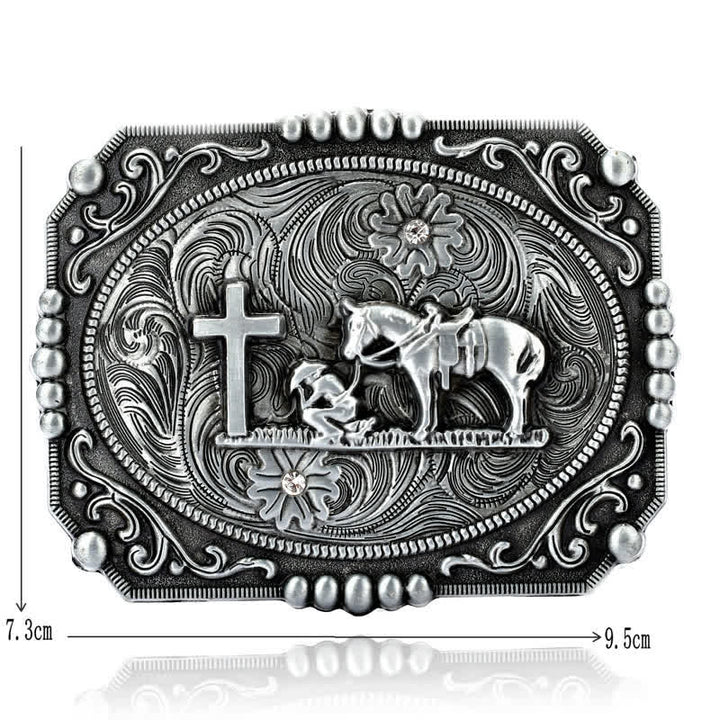 Cinturón de cuero con hebilla de oración de rodillas con cruz de caballo para hombre hecho a mano