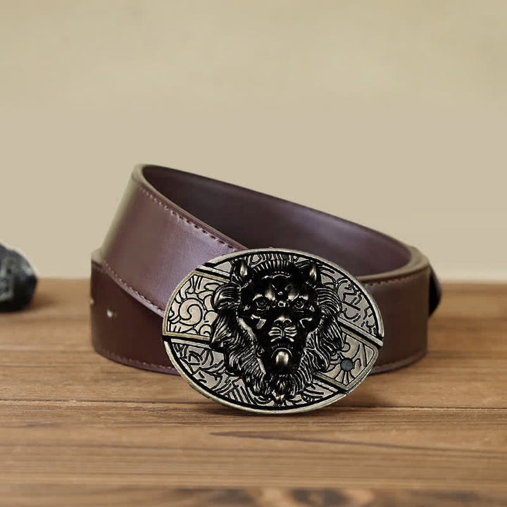 Cinturón de cuero con cuchillo plegable oculto con insignia de león para hombre