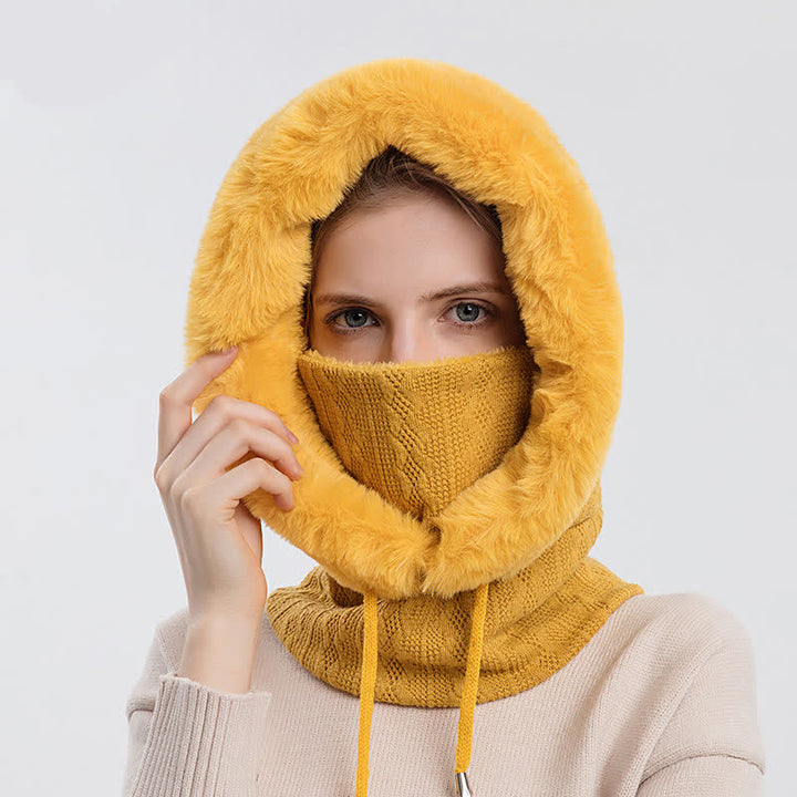 Gorro de punto con capucha y mascarilla de color caramelo para mujer