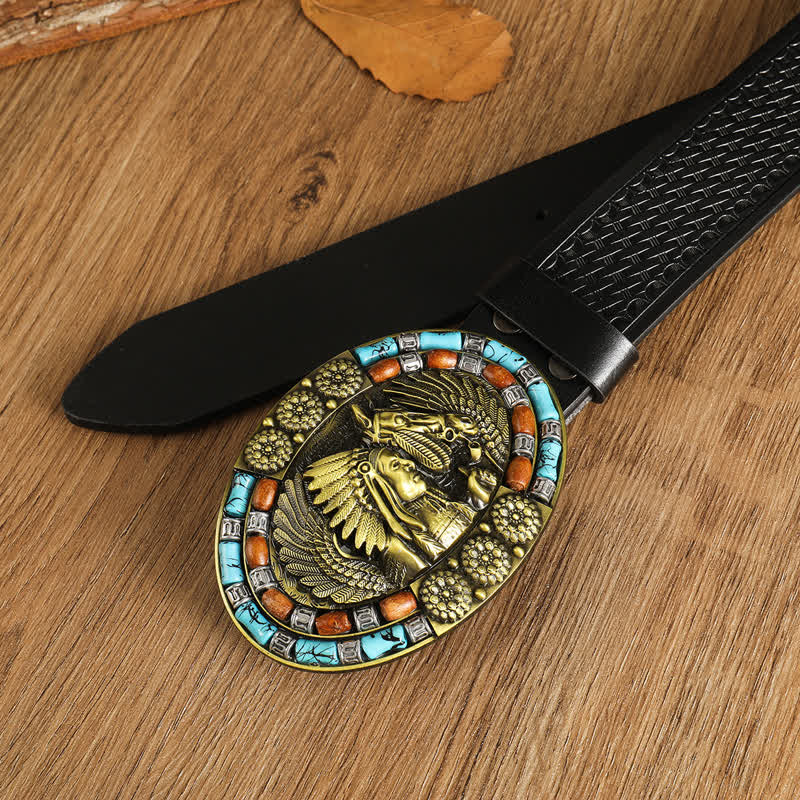 Cinturón de cuero turquesa con diseño bohemio indio para hombre