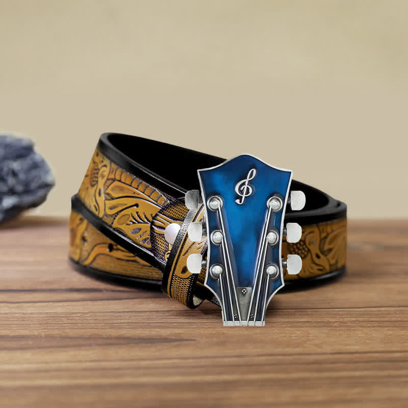Cinturón de cuero con hebilla de clavijero de guitarra musical para hombre hecho a mano