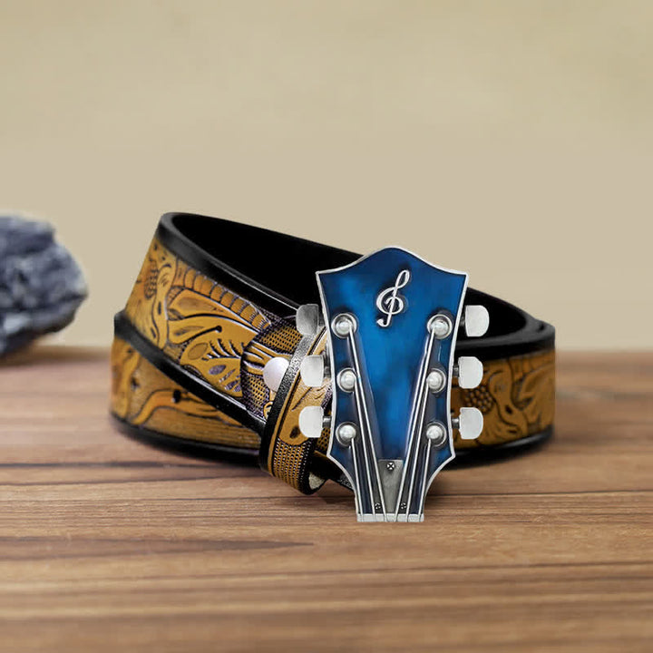 Cinturón de cuero con hebilla de clavijero de guitarra musical para hombre hecho a mano