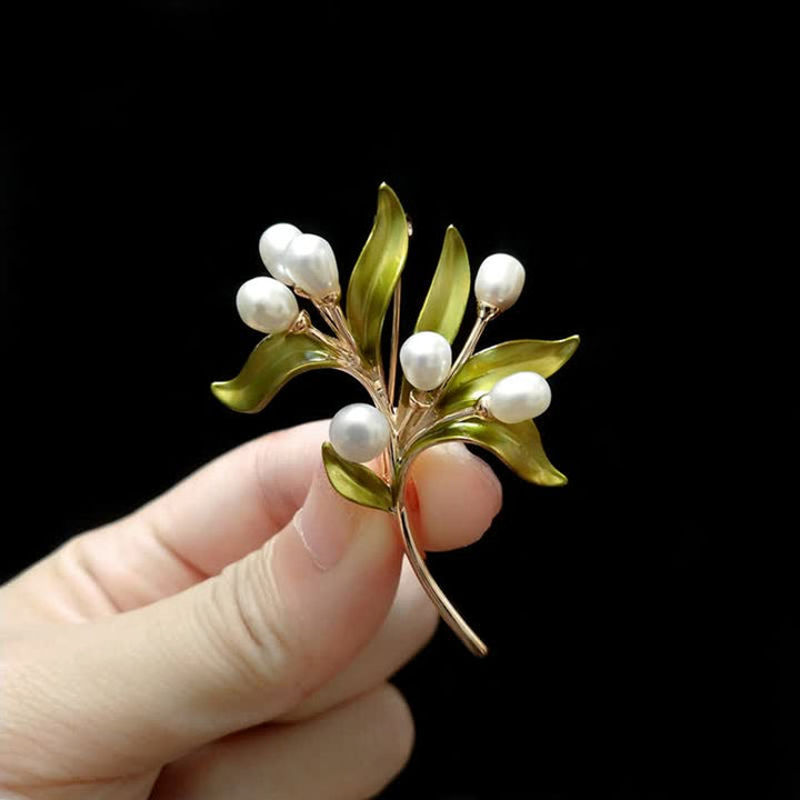 Broche de rama de olivo con perla natural para mujer