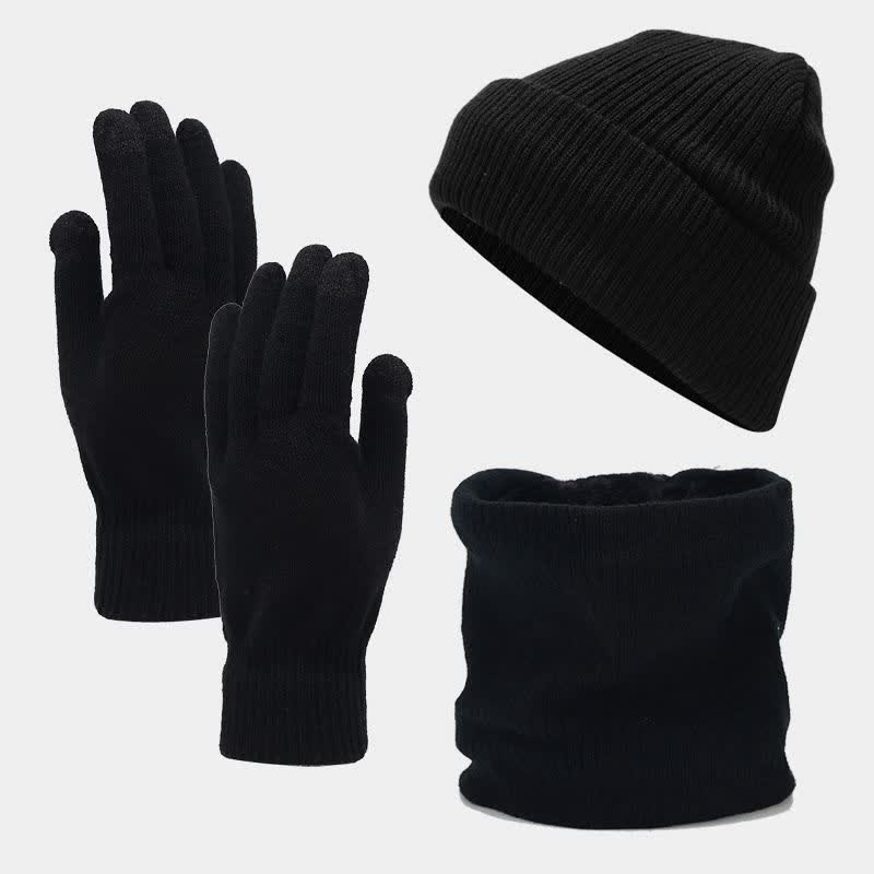 Conjunto de 3 guantes y bufanda unisex de sarga de color sólido