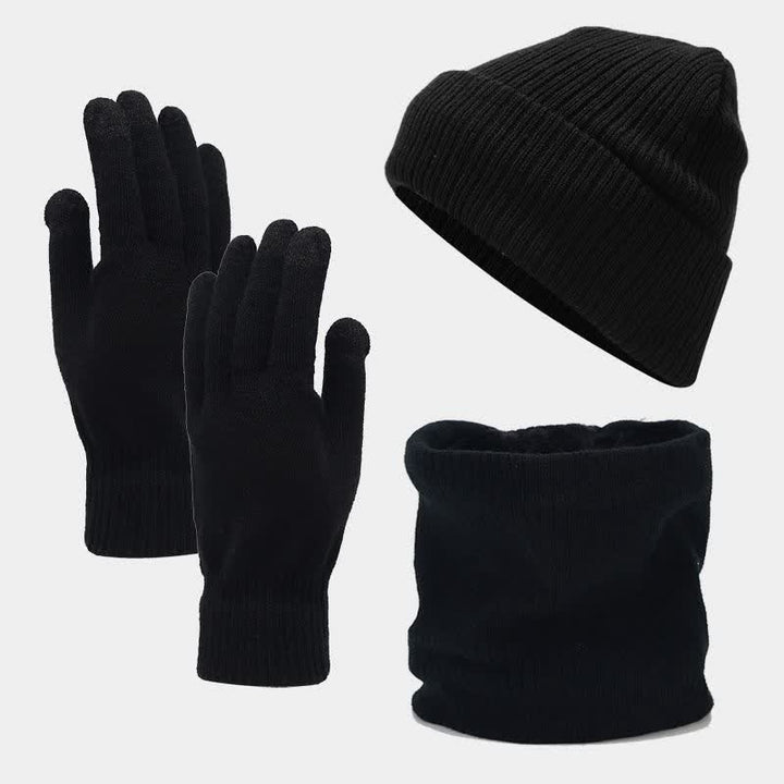 Conjunto de 3 guantes y bufanda unisex de sarga de color sólido