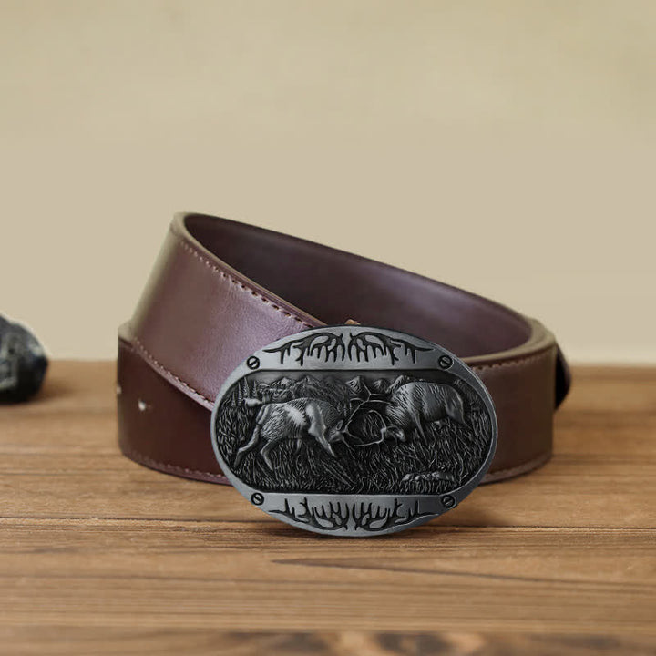 Cinturón de cuero estilo western con hebilla de ciervo salvaje para hombre, hecho a mano
