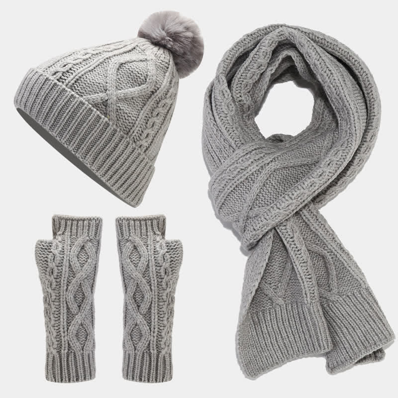 Conjunto de 3 piezas de gorro, bufanda y manoplas sin dedos de punto con cable para mujer