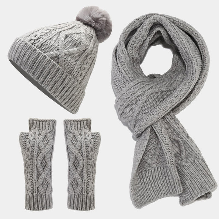 Conjunto de 3 piezas de gorro, bufanda y manoplas sin dedos de punto con cable para mujer