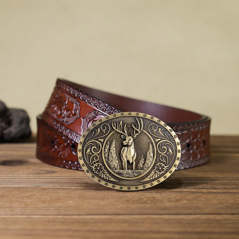 Cinturón de cuero con hebilla ovalada con diseño de ciervo del bosque para hombre hecho a mano