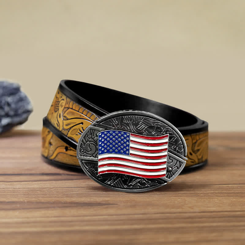 Cinturón de cuero con cuchillo plegable oculto con bandera estadounidense para hombre