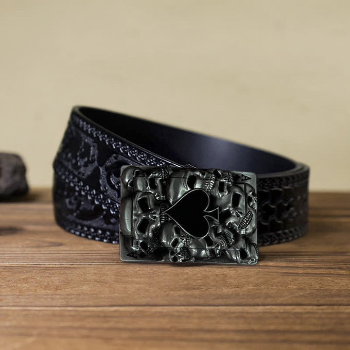 Cinturón de cuero con hebilla de as de espadas y calavera para hombre, hecho a mano