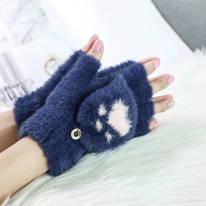 Guantes cálidos y ponjosos con estampado de pata de gato para mujer