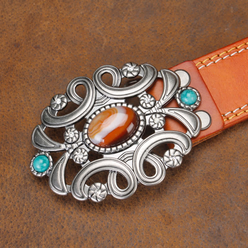 Cinturón unisex de cuero con flor hueca de color turquesa y piedra de ágata