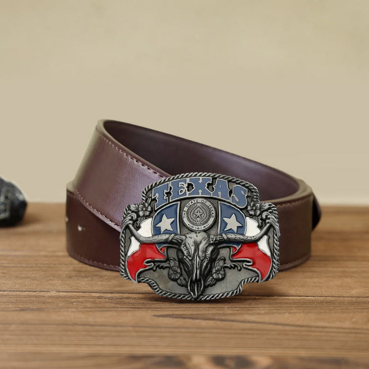 Cinturón de cuero con hebilla de toro Longhorn con bandera de Texas para hombre