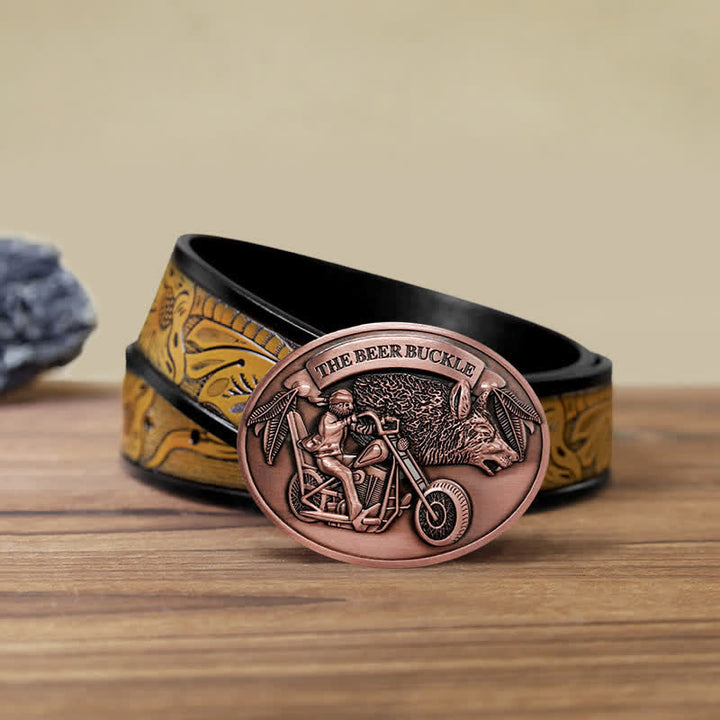 Cinturón de cuero con hebilla para hombre, hecho a mano, con diseño creativo de motocicleta